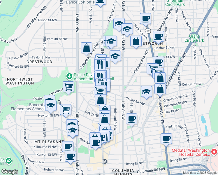 map of restaurants, bars, coffee shops, grocery stores, and more near 1360 Quincy St NW in Washington