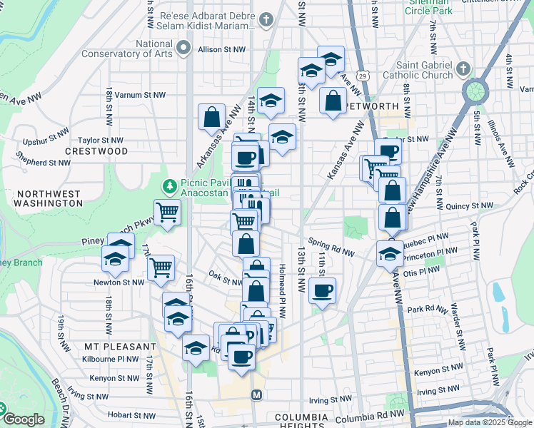 map of restaurants, bars, coffee shops, grocery stores, and more near 1360 Quincy Street Northwest in Washington