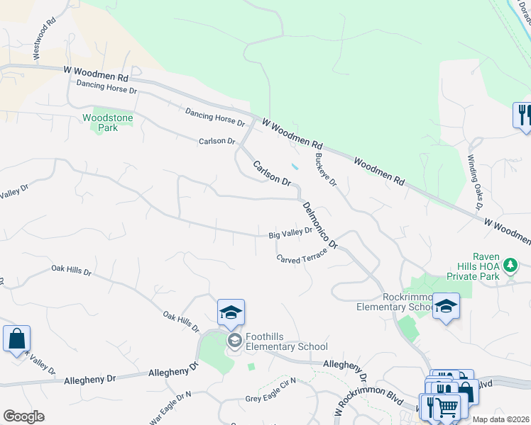 map of restaurants, bars, coffee shops, grocery stores, and more near 761 Carved Terrace in Colorado Springs