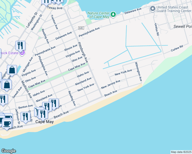 map of restaurants, bars, coffee shops, grocery stores, and more near 209 Pittsburgh Avenue in Cape May