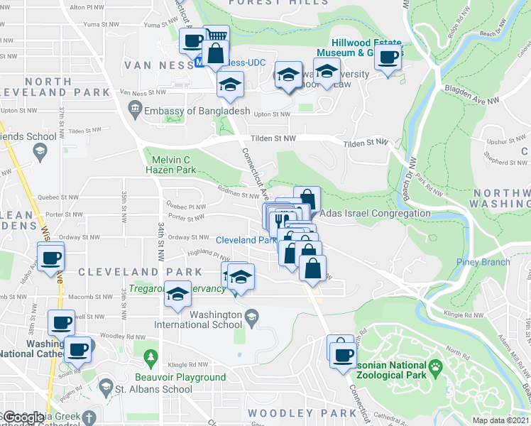 map of restaurants, bars, coffee shops, grocery stores, and more near in Washington