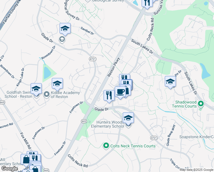 map of restaurants, bars, coffee shops, grocery stores, and more near 2356 Branleigh Park Court in Reston