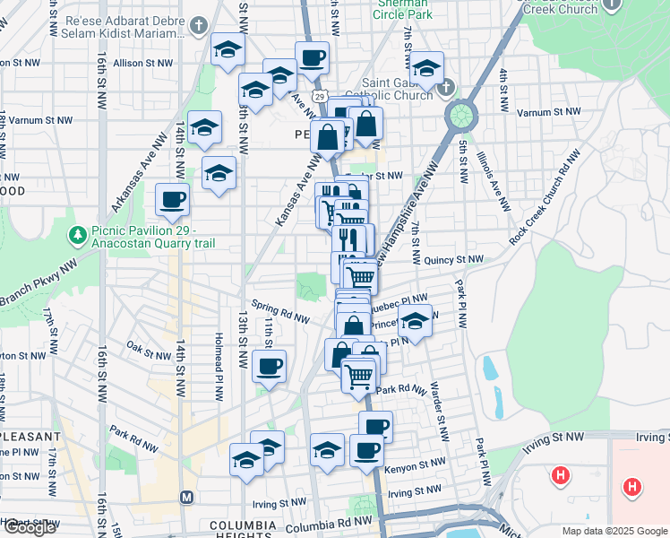 map of restaurants, bars, coffee shops, grocery stores, and more near 9th Street Northwest in Washington