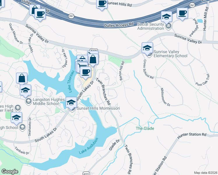 map of restaurants, bars, coffee shops, grocery stores, and more near 11037 Villaridge Court in Reston