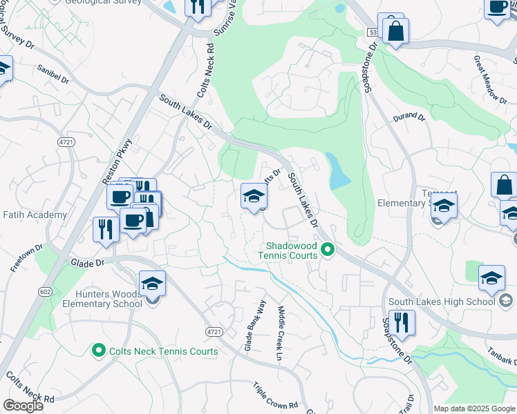 map of restaurants, bars, coffee shops, grocery stores, and more near 11823 Coopers Court in Reston