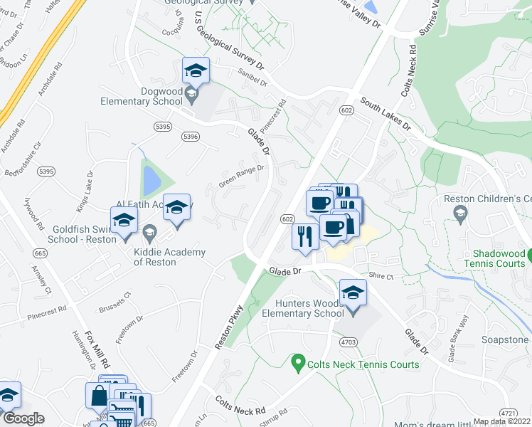 map of restaurants, bars, coffee shops, grocery stores, and more near 2322 Freetown Court in Reston