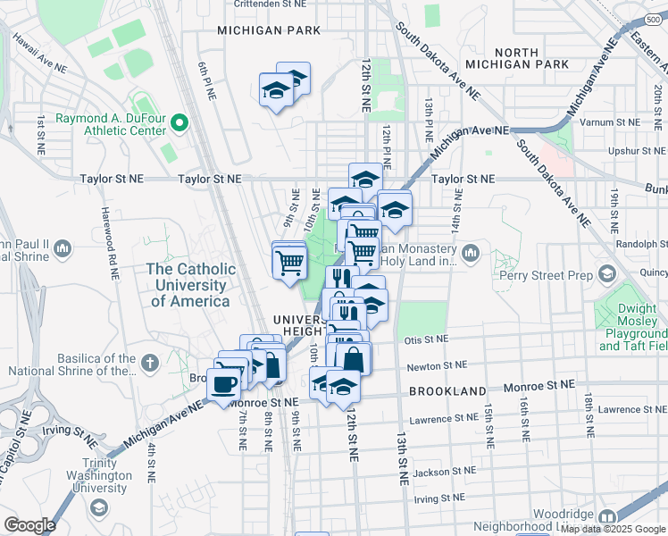 map of restaurants, bars, coffee shops, grocery stores, and more near 1150 Michigan Avenue Northeast in Washington