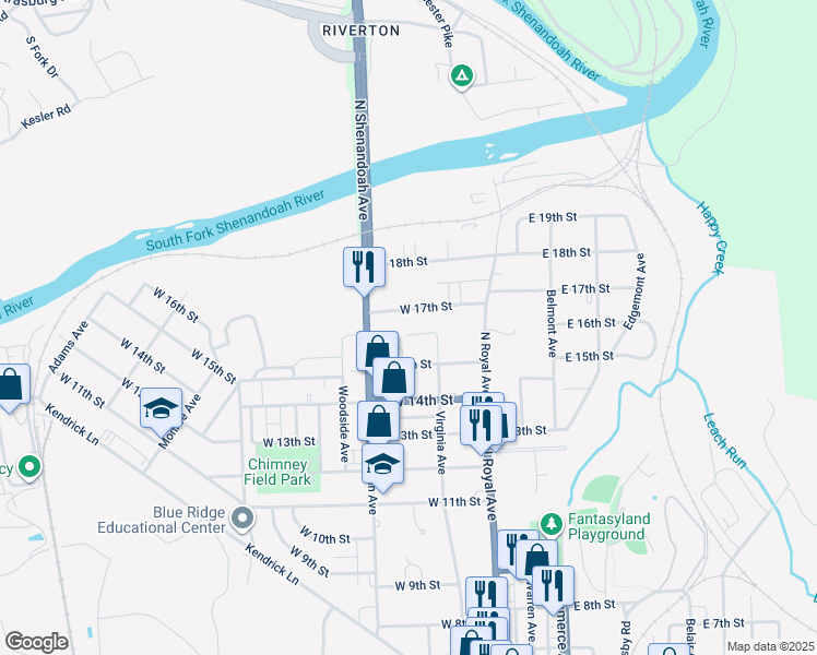 map of restaurants, bars, coffee shops, grocery stores, and more near 119 West 16th Street in Front Royal