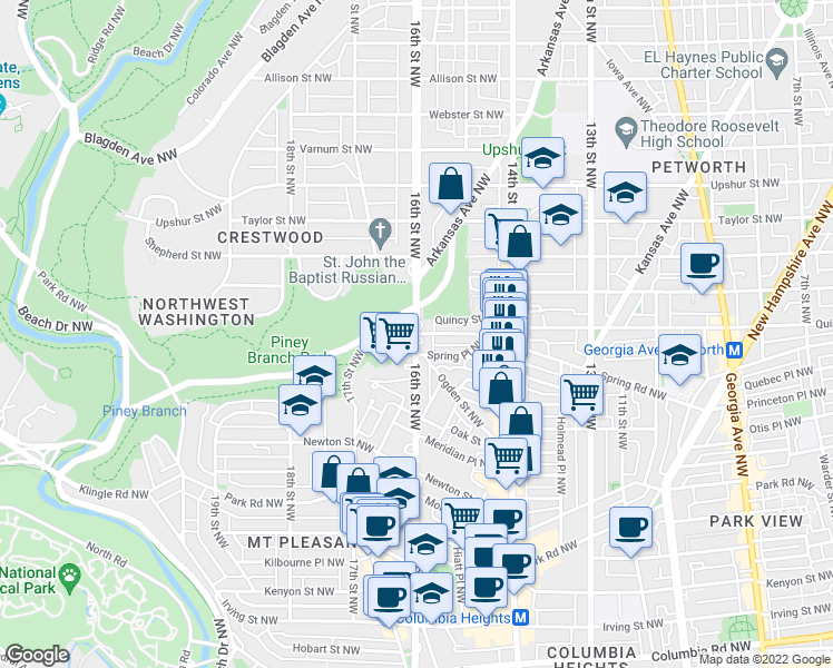 map of restaurants, bars, coffee shops, grocery stores, and more near 16th St NW & Spring Rd NW in Washington