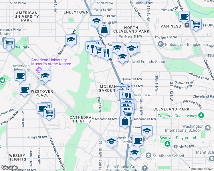 map of restaurants, bars, coffee shops, grocery stores, and more near 38th St NW & Plattsburg Ct NW in Washington