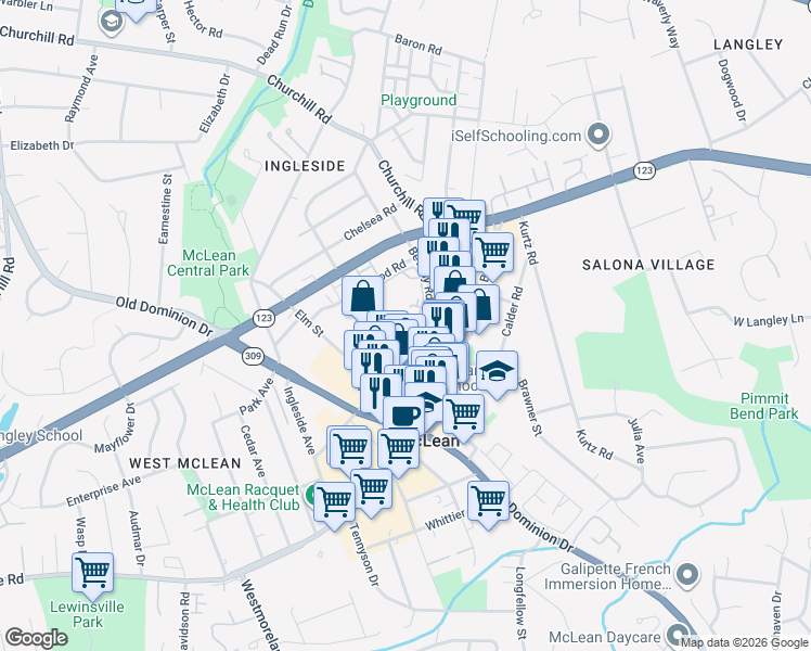 map of restaurants, bars, coffee shops, grocery stores, and more near 1350 Beverly Road in McLean