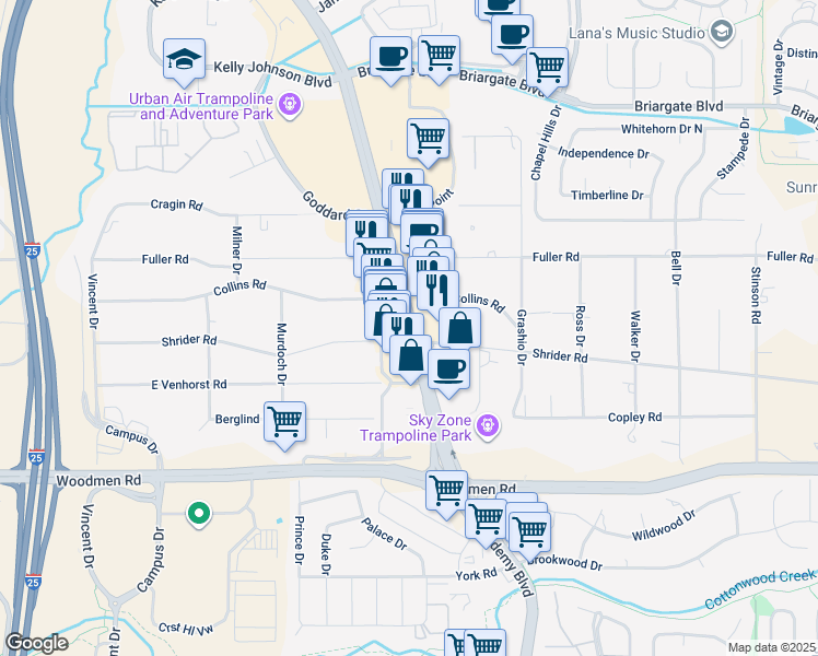 map of restaurants, bars, coffee shops, grocery stores, and more near 7252 Academy Boulevard North in Colorado Springs
