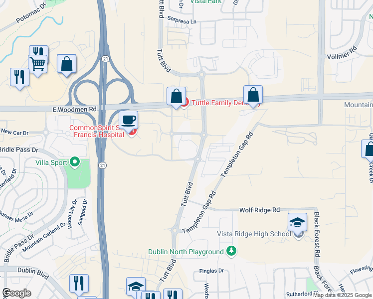 map of restaurants, bars, coffee shops, grocery stores, and more near 7353 Sisters Grove in Colorado Springs