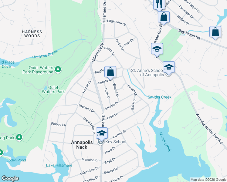 map of restaurants, bars, coffee shops, grocery stores, and more near 412 Walnut Drive in Annapolis