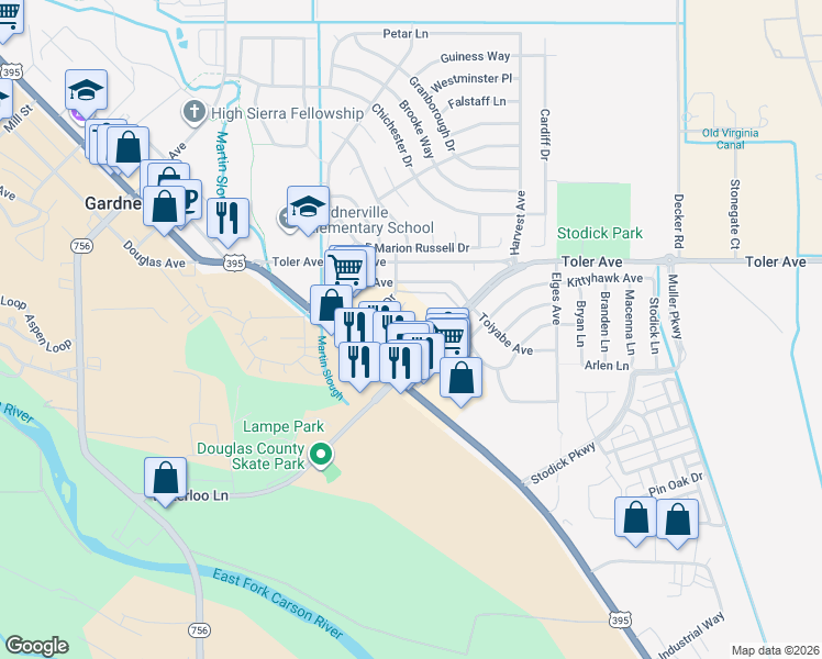 map of restaurants, bars, coffee shops, grocery stores, and more near 1341 U.S. 395 in Gardnerville