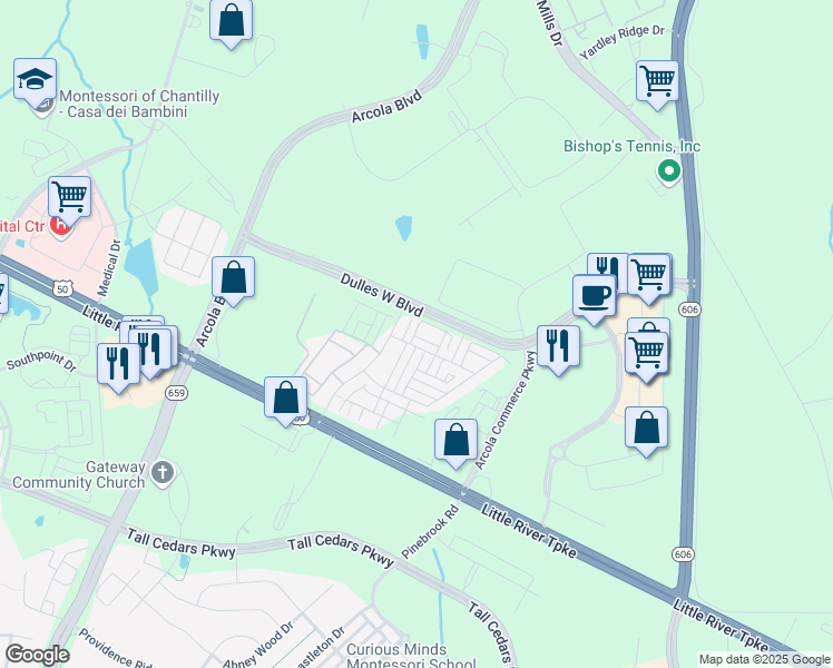 map of restaurants, bars, coffee shops, grocery stores, and more near 42610 Drazenovich Epoch Terrace in Sterling