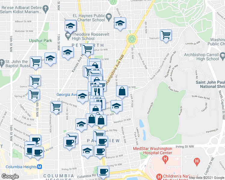 map of restaurants, bars, coffee shops, grocery stores, and more near 712 Quincy St NW in Washington