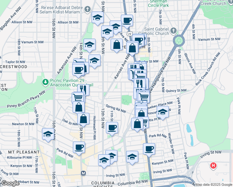 map of restaurants, bars, coffee shops, grocery stores, and more near 1214 Quincy Street Northwest in Washington