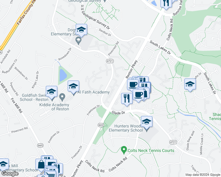 map of restaurants, bars, coffee shops, grocery stores, and more near 2322 Freetown Court in Reston