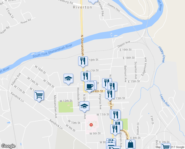 map of restaurants, bars, coffee shops, grocery stores, and more near 119 West 16th Street in Front Royal