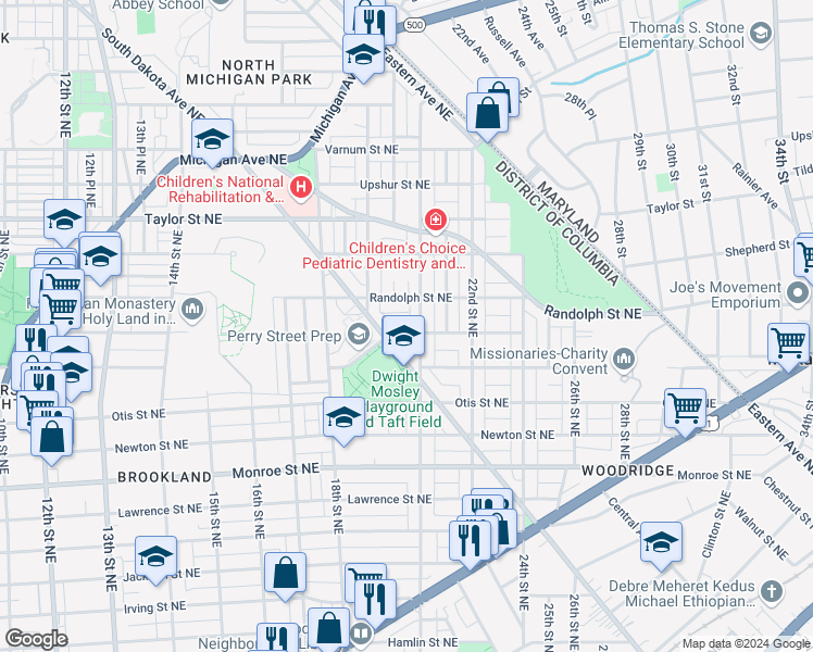 map of restaurants, bars, coffee shops, grocery stores, and more near 1942 Quincy Street Northeast in Washington