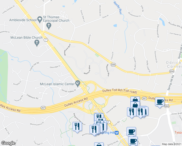 map of restaurants, bars, coffee shops, grocery stores, and more near 1467 Mayhurst Boulevard in McLean