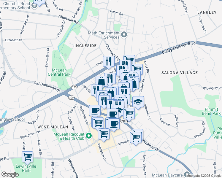 map of restaurants, bars, coffee shops, grocery stores, and more near 1350 Beverly Road in McLean