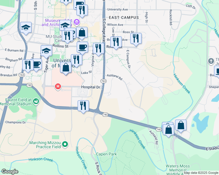 map of restaurants, bars, coffee shops, grocery stores, and more near 1021 Ashland Road in Columbia