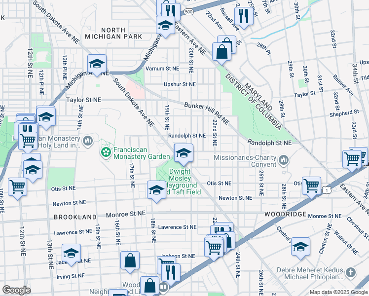 map of restaurants, bars, coffee shops, grocery stores, and more near 1942 Quincy Street Northeast in Washington