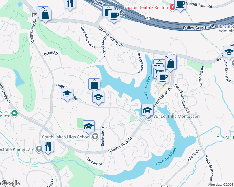map of restaurants, bars, coffee shops, grocery stores, and more near 2025 Chadds Ford Drive in Reston