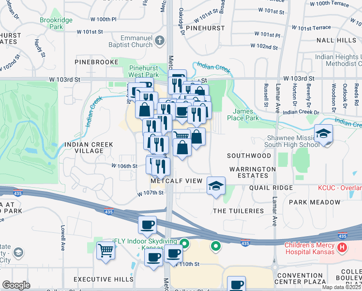 map of restaurants, bars, coffee shops, grocery stores, and more near 10559 Metcalf Avenue in Overland Park