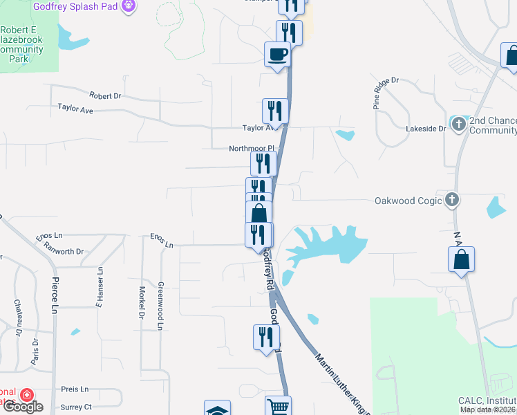 map of restaurants, bars, coffee shops, grocery stores, and more near 3310 Godfrey Road in Godfrey