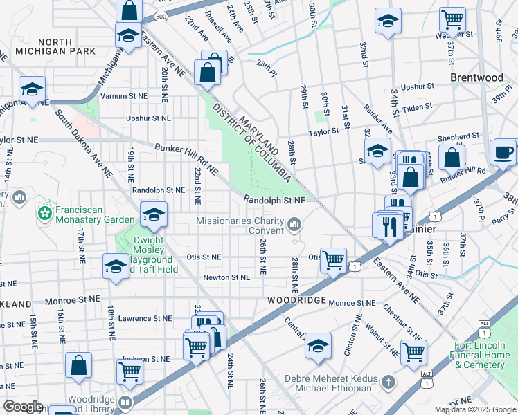 map of restaurants, bars, coffee shops, grocery stores, and more near 3836 26th Street Northeast in Washington
