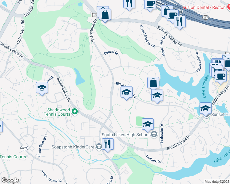 map of restaurants, bars, coffee shops, grocery stores, and more near 2106 Lirio Court in Reston