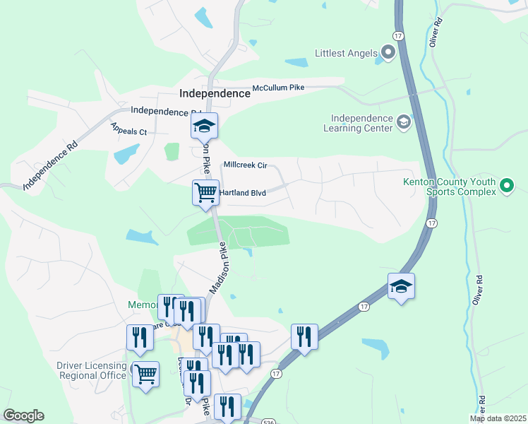 map of restaurants, bars, coffee shops, grocery stores, and more near 5358 Madison Pike in Independence