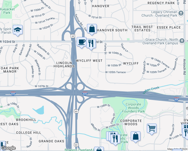 map of restaurants, bars, coffee shops, grocery stores, and more near 10533 Wedd Street in Overland Park