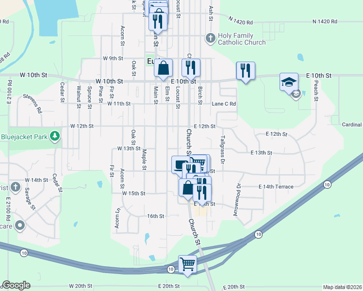 map of restaurants, bars, coffee shops, grocery stores, and more near 1305 Locust Street in Eudora