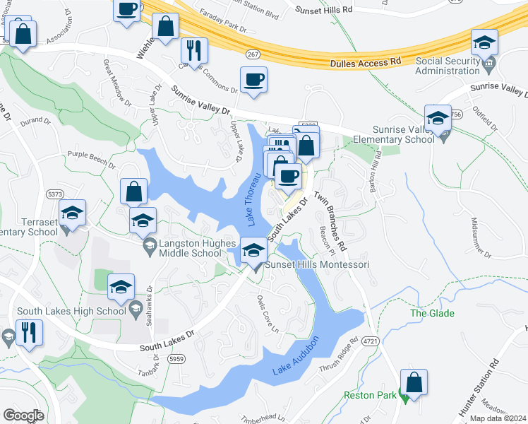 map of restaurants, bars, coffee shops, grocery stores, and more near 11162 Harbor Court in Reston