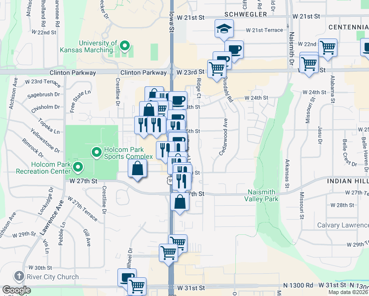map of restaurants, bars, coffee shops, grocery stores, and more near 2523 Redbud Lane in Lawrence