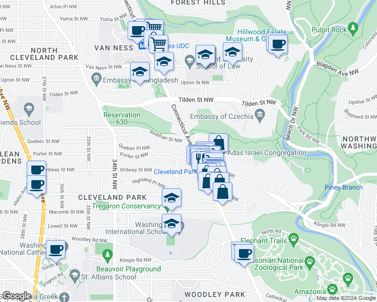 map of restaurants, bars, coffee shops, grocery stores, and more near 3618 Connecticut Avenue Northwest in Washington