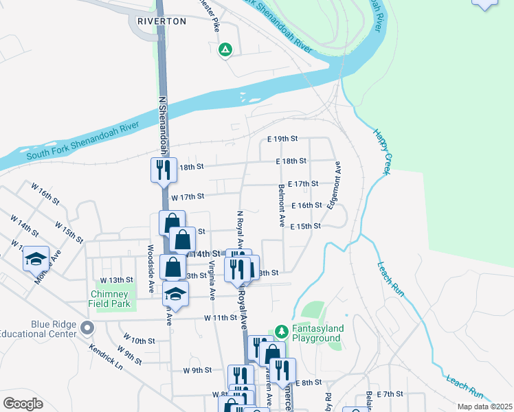 map of restaurants, bars, coffee shops, grocery stores, and more near 1401 North Royal Avenue in Front Royal