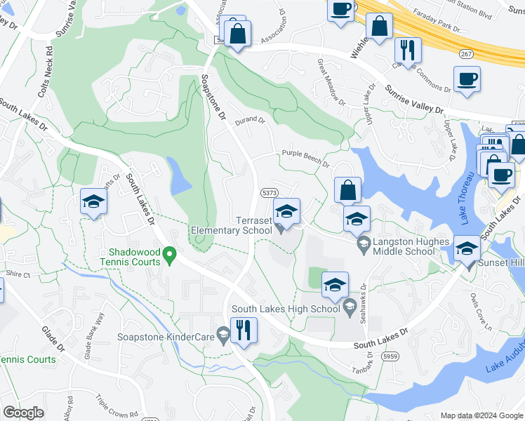map of restaurants, bars, coffee shops, grocery stores, and more near 2106 Lirio Court in Reston