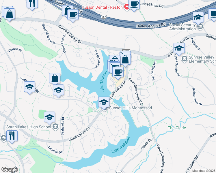 map of restaurants, bars, coffee shops, grocery stores, and more near 11162 Harbor Court in Reston