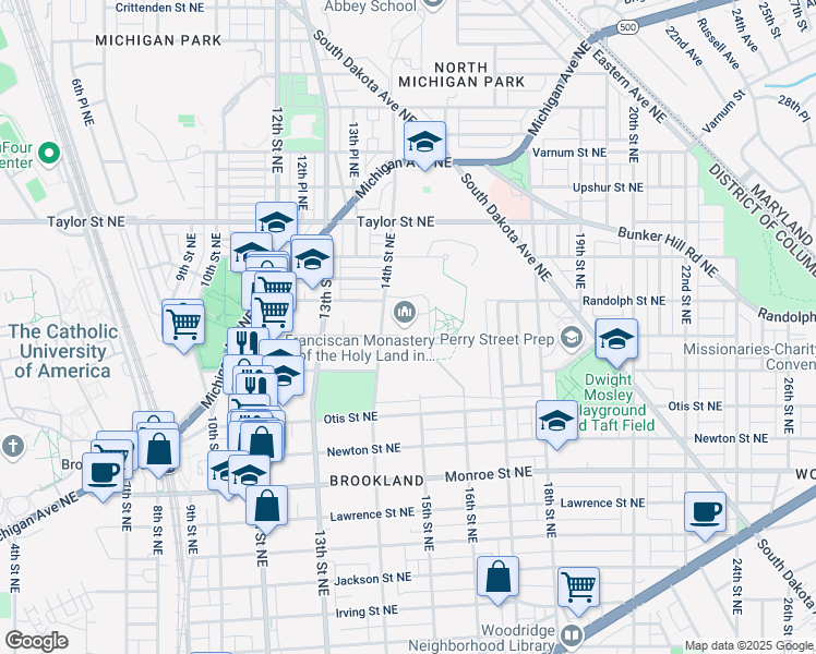 map of restaurants, bars, coffee shops, grocery stores, and more near 1400 Quincy Street Northeast in Washington