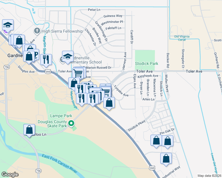 map of restaurants, bars, coffee shops, grocery stores, and more near 1354 El Dorado Drive in Gardnerville