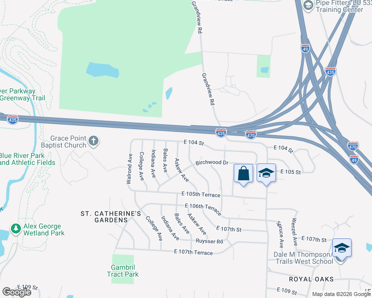 map of restaurants, bars, coffee shops, grocery stores, and more near 10416 Monroe Avenue in Kansas City