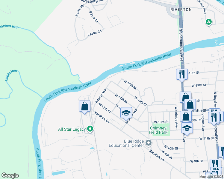 map of restaurants, bars, coffee shops, grocery stores, and more near 845 West 14th Street in Front Royal
