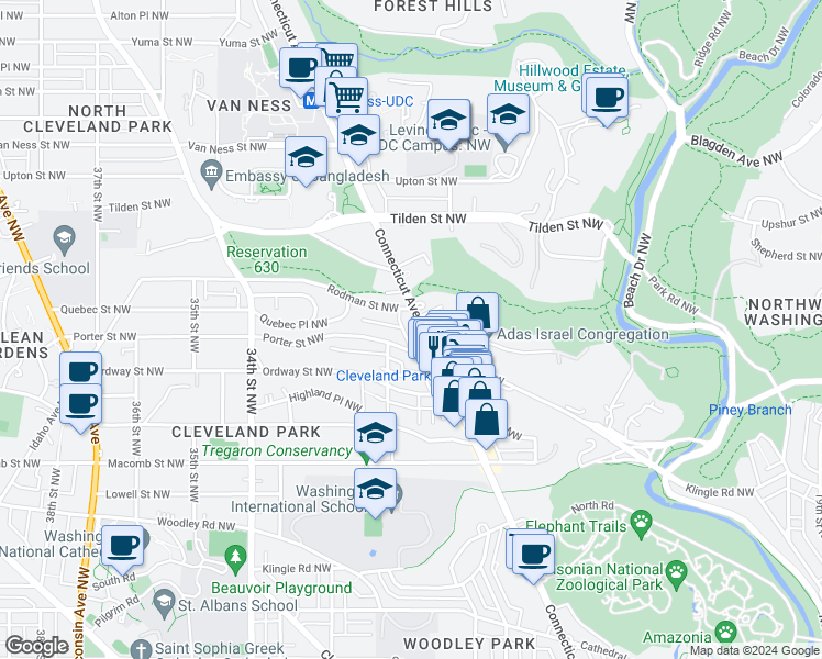 map of restaurants, bars, coffee shops, grocery stores, and more near 3618 Connecticut Avenue Northwest in Washington