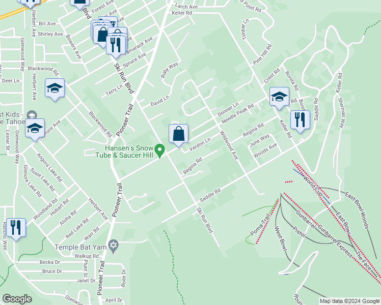 map of restaurants, bars, coffee shops, grocery stores, and more near 3692 Verdon Lane in South Lake Tahoe
