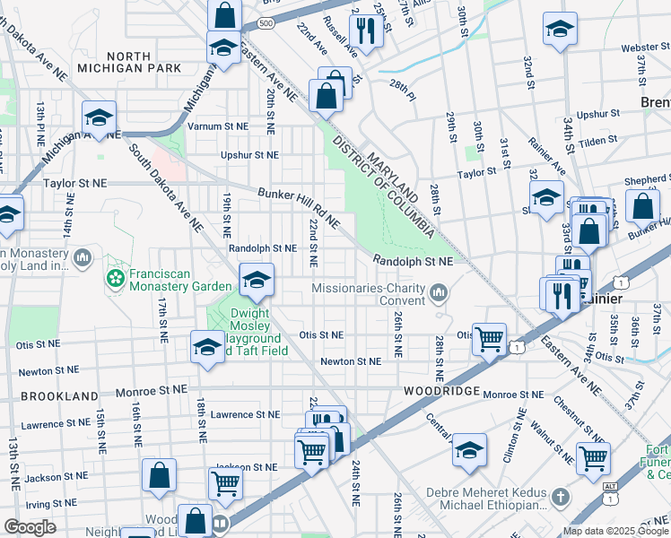map of restaurants, bars, coffee shops, grocery stores, and more near 2220 Quincy Street Northeast in Washington